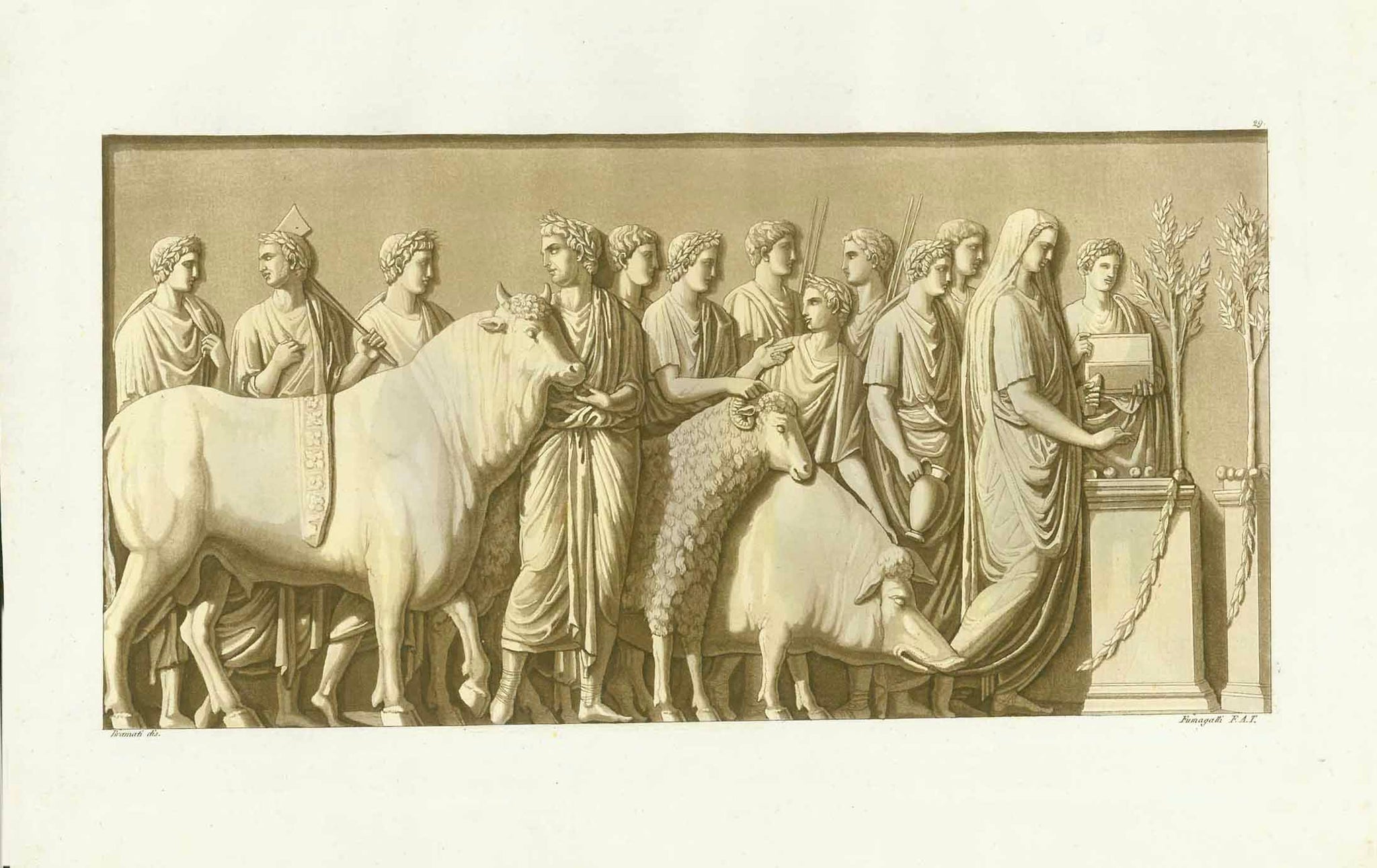 Roman scene preparing for sacrifices of animals.  Toned aquatint by Fumagalli after Bramati, published 1820.  Published in "Le Costume ancien et moderne ou histoire...." Band 12 "Etrusques et Romains...." interior design, wall decoration, ideas, idea, gift ideas, present, vintage, charming, special, decoration, home interior, living room design
