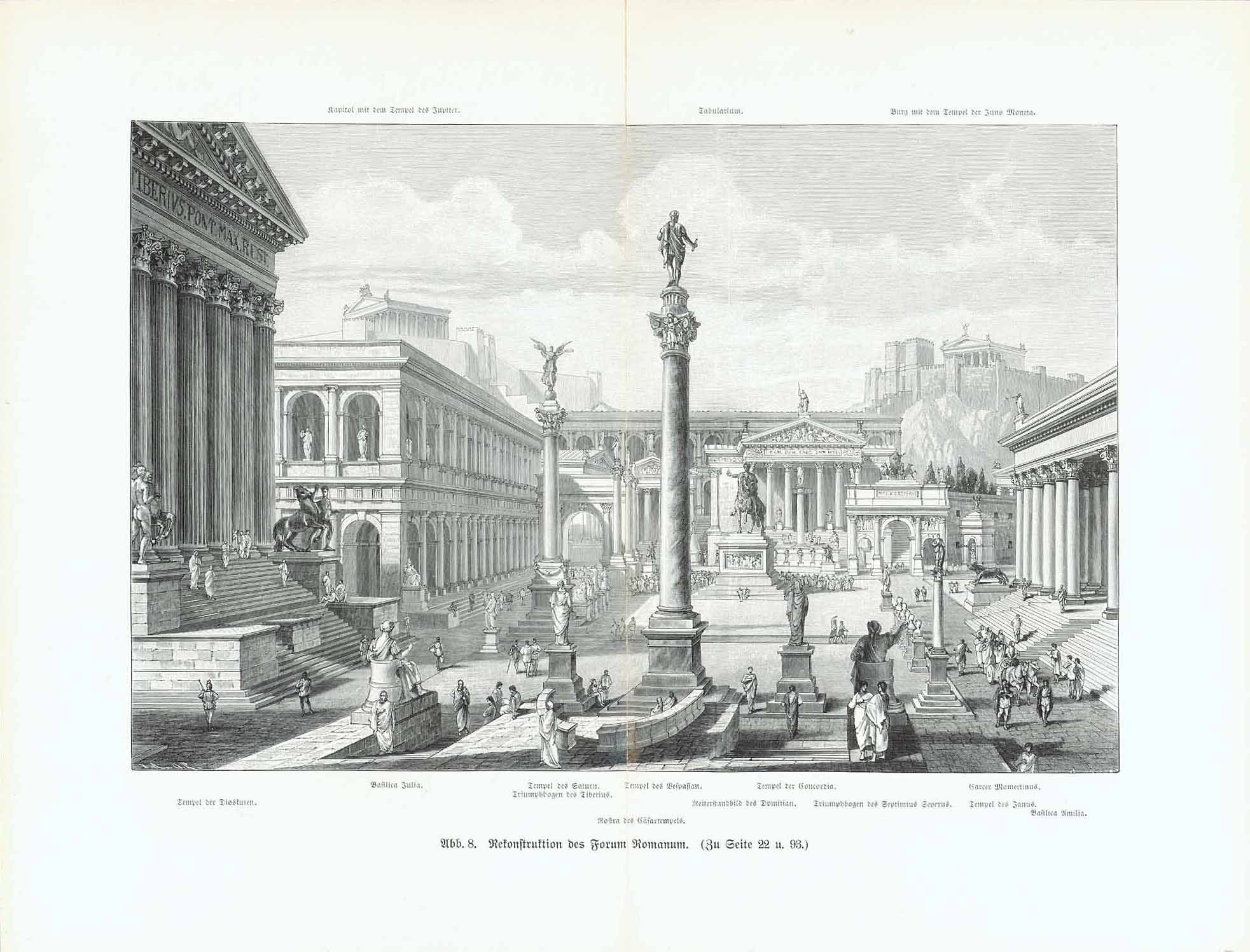 "Rekonstruktion des Forum Romanum"  Very interesting xylograph showing the Forum as it was in Roman times. Published 1913. Vertical centerfold.  Original antique print , interior design, wall decoration, ideas, idea, gift ideas, present, vintage, charming, special, decoration, home interior, living room design