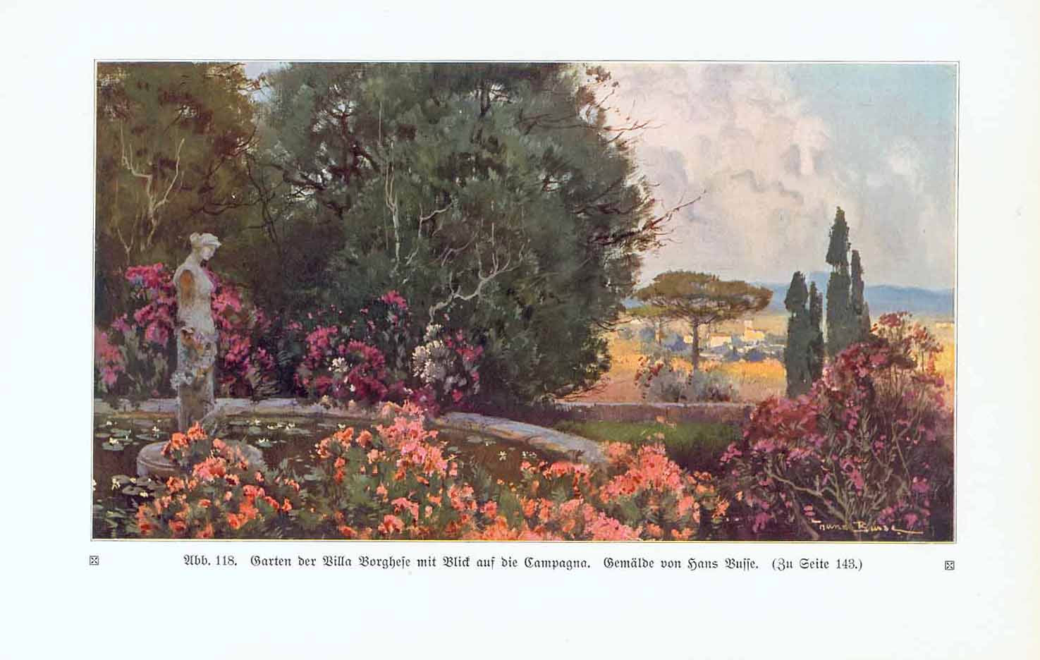 "Garten der Villa Borghese mit Blick auf die Campagna"  Chromolithograph made after a painting by Hans Busse (1867-1914) Published 1913.  Original antique print , interior design, wall decoration, ideas, idea, gift ideas, present, vintage, charming, special, decoration, home interior, living room design