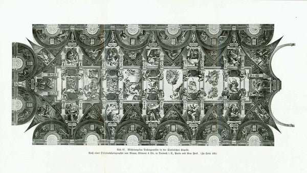 "Michelangelos Deckengemaelde in der Sixtinischen Kapelle"  Zincograph made after a photograph by Braun, Clement and Cie.  Published 1913.  Original antique print 