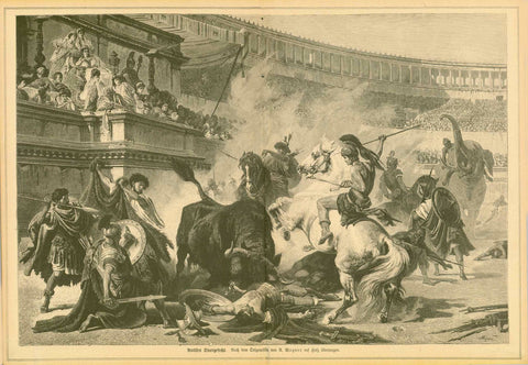 "Antikes Stiergefecht" (antique bull fight)  Wood engraving made after an oil paint by A. Wagner. Published 1878.  Original antique print , interior design, wall decoration, ideas, idea, gift ideas, present, vintage, charming, special, decoration, home interior, living room design