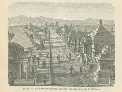 "Via Appia mit ihren Grabdenkmälern. Wiederherstellung von G. Rehlender"  Wood engraving showing how the Via Appia appeared with the many grave monuments. Reconstruction by G. Rehlender. The image is on a page of text about ancient Roman roads that continues on the reverse side where there is an image of the Trajan road by Orsova on the Danube.  Original antique print 