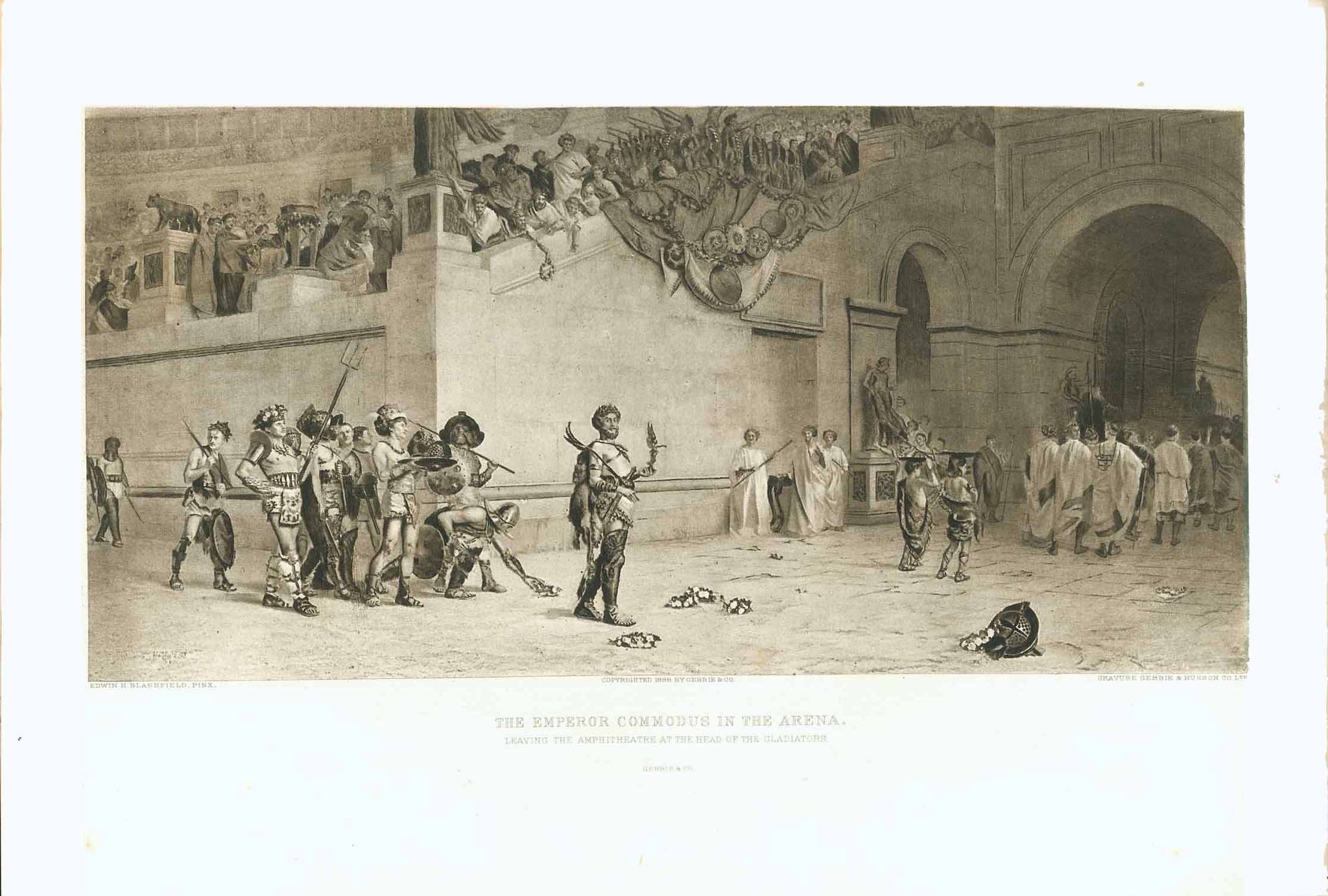 "The Emperor Commodus in the Arena - Leaving the Amphitheatre at the Head of the Gladiators"  Sepia-toned lithograph printed from a zinc plate (photo gravure)  After the painting by Edwin Howard Blashfield (1848-1936)  Publlsher: Gebbie & Husson  London, 1894  Original antique print 