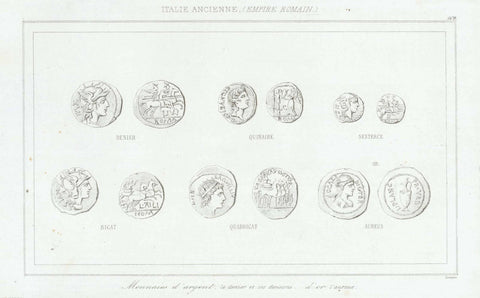 "Italie Ancienne, (Empire Romain)"  "Monnais d'argent, le denier et ses divisions"  Steel engraving published 1851.  Original antique print  