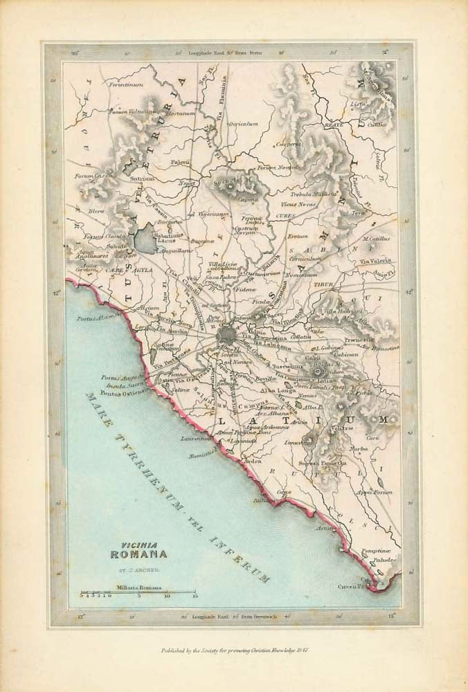 Maps, Italy, Rome, Surroundings, "Vicinia Romana"  Rare copper engraving map of Rome and surrounding area by Joshua Archer (1792-1863) Published by the Society for Promoting Christian Knowledge in 1847. Very attractive original hand coloring. Ancient names of towns and topography.  Original antique print  , interior design, wall decoration, ideas, idea, gift ideas, present, vintage, charming, special, decoration, home interior, living room design