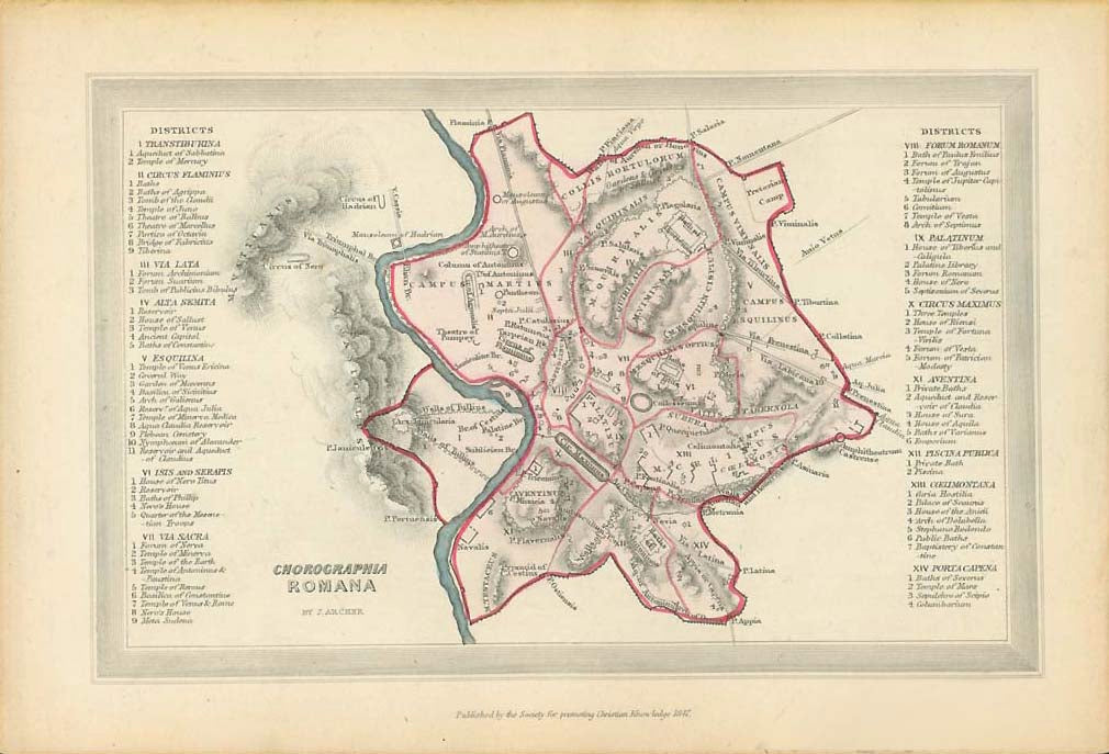 Rome, Italy, City Map, "Chorographia Romana"  Rare copper engraving plan of Rome by Joshua Archer (1792-1863) Published by the Society for Promoting Christian Knowledge in 1847.  Original antique print    For a 30% discount enter MAPS30 at chekout   Very attractive original hand coloring. Ancient names of of Roman city areas., interior design, wall decoration, ideas, idea, gift ideas, present, vintage, charming, special, decoration, home interior, living room design