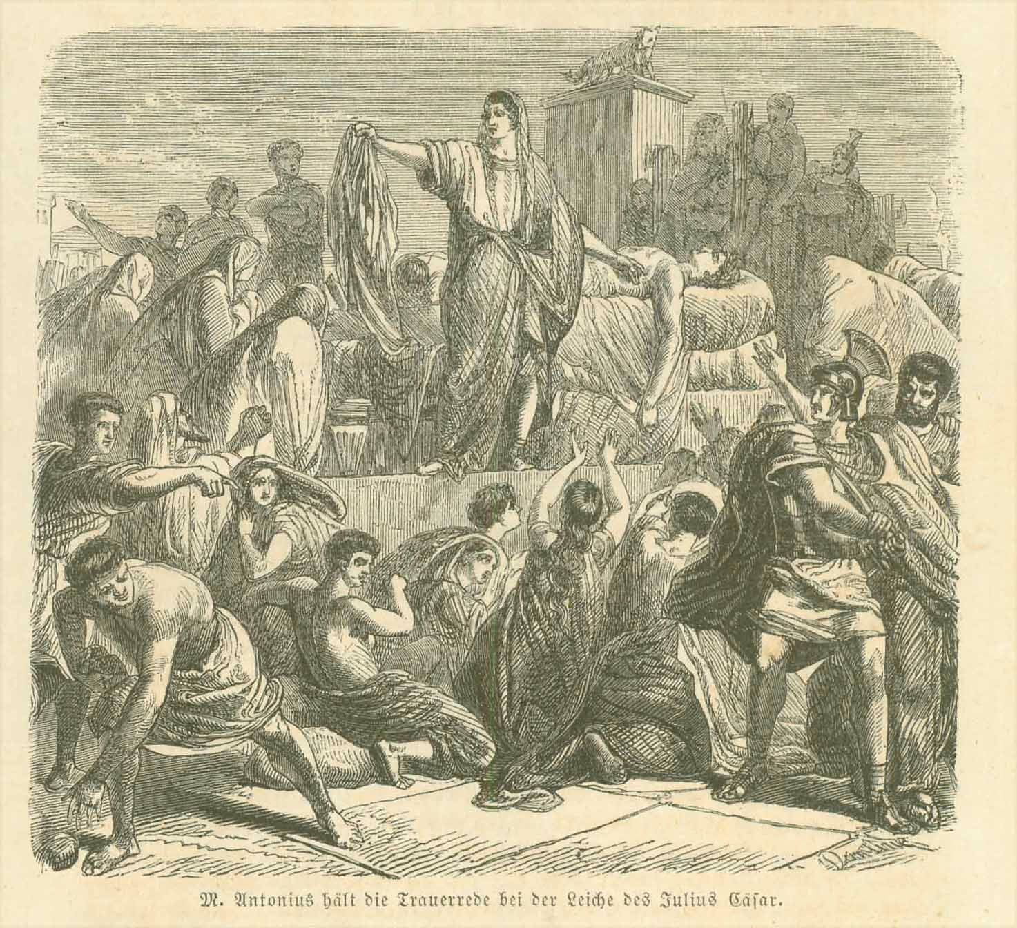 "Antonius haelt die Trauerrede bei der Leiche des Julius Caesar"  Wood engraving showing Antonius giving the eulogy for Julius Ceasar.  The image is on a page of text about the rulers and Senate of Rome. Text continues on reverse side. Published 1862.  Original antique print  
