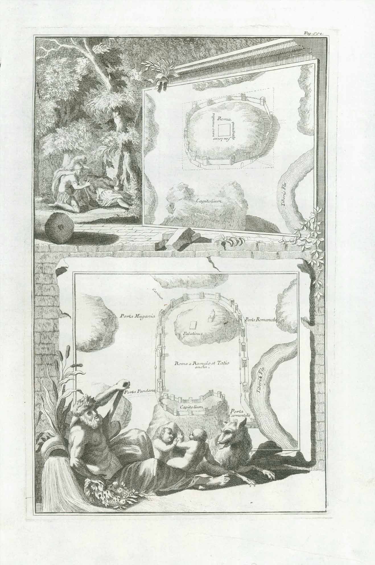 No Title. "Roma a Romulo et Tatio aucta."  Interesting copper engraving of the beginnings of Rome. Ca 1750. In the lower part of the image is Romulus and Remus with the wolf. The diagrams show some of the hills of Rom where the first settlements were found.  Original antique print  