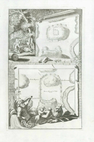 No Title. "Roma a Romulo et Tatio aucta."  Interesting copper engraving of the beginnings of Rome. Ca 1750. In the lower part of the image is Romulus and Remus with the wolf. The diagrams show some of the hills of Rom where the first settlements were found.  Original antique print  