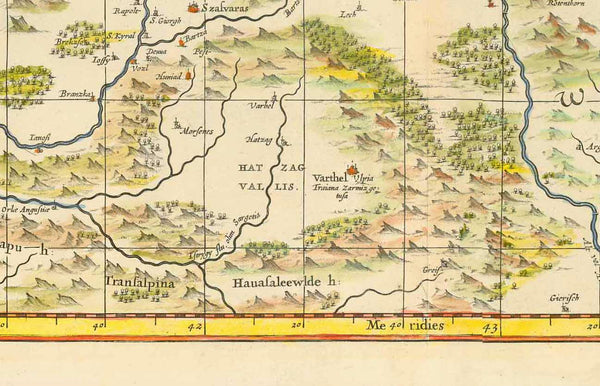 Romania, "Nova et Accurata Transylvaniae Descriptio"  In the center of the map is Agnetlin. In the upper left corner is Zatmarbanya. On the right side of the map is the Aluta (Olt) River and its many tributaries  Hand-colored copper etching  Verso: No text  Published by Jan Janssonius (1588-1664)  Amsterdam, ca. 1665  Original antique print    For a 30% discount enter MAPS30 at chekout