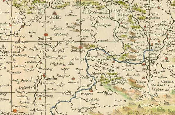 Romania, "Nova et Accurata Transylvaniae Descriptio"  In the center of the map is Agnetlin. In the upper left corner is Zatmarbanya. On the right side of the map is the Aluta (Olt) River and its many tributaries  Hand-colored copper etching  Verso: No text  Published by Jan Janssonius (1588-1664)  Amsterdam, ca. 1665  Original antique print    For a 30% discount enter MAPS30 at chekout