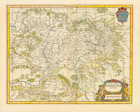 Romania, "Nova et Accurata Transylvaniae Descriptio"  In the center of the map is Agnetlin. In the upper left corner is Zatmarbanya. On the right side of the map is the Aluta (Olt) River and its many tributaries  Hand-colored copper etching  Verso: No text  Published by Jan Janssonius (1588-1664)  Amsterdam, ca. 1665  Original antique print    For a 30% discount enter MAPS30 at chekout
