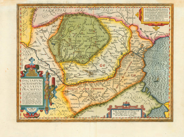 Antique map, "Daciarum, Moesiarumque, vetus descriptio"  Cpper etching from "Theatrum orbis terrarum" by Abraham Ortelius. Published in Antwerp 1595. Attractive hand coloring.  Abraham Ortelius did this fine map himself. The map shows present-day Romania and Bulgaria. It extends as far south as the Bosphorus by Istanbul.