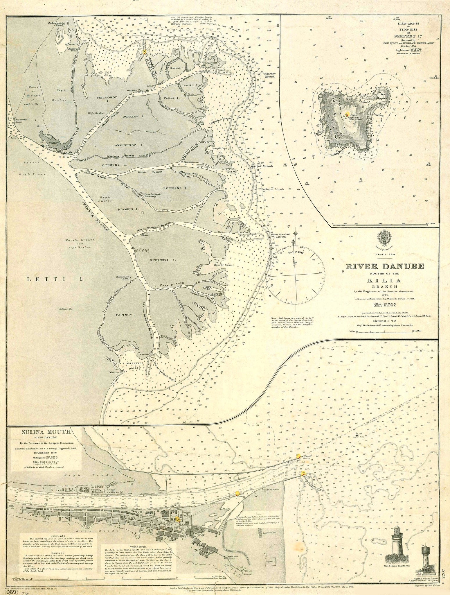 Romania, "Black Sea - River Danube Mouth of the Kilia Branch. By the Engineers of the Russian Government 1894"  Lithograph by J. & C. Walker. London  The Romanian part of the Danube delta near Sulima. With a city plan of Sulima and with an inset of "Serpent Island"  London Hydrographic Office of the Admirality, 1853. This map based on the survey by  Captain Spratt and was amended in 1885 and in 1898.  This print was published in 1900.