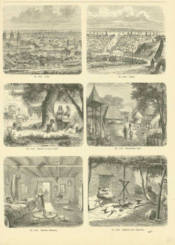 Antique print, Romania, Upper row: "Fassy Galatz" Middle row: "Zigeuner in einem Dorf Walachisches Dorf" Lower row: "Laendliches Wohnung Schmiede eines Zigeuners"  Wood engravings published ca 1875.  Original antique print  