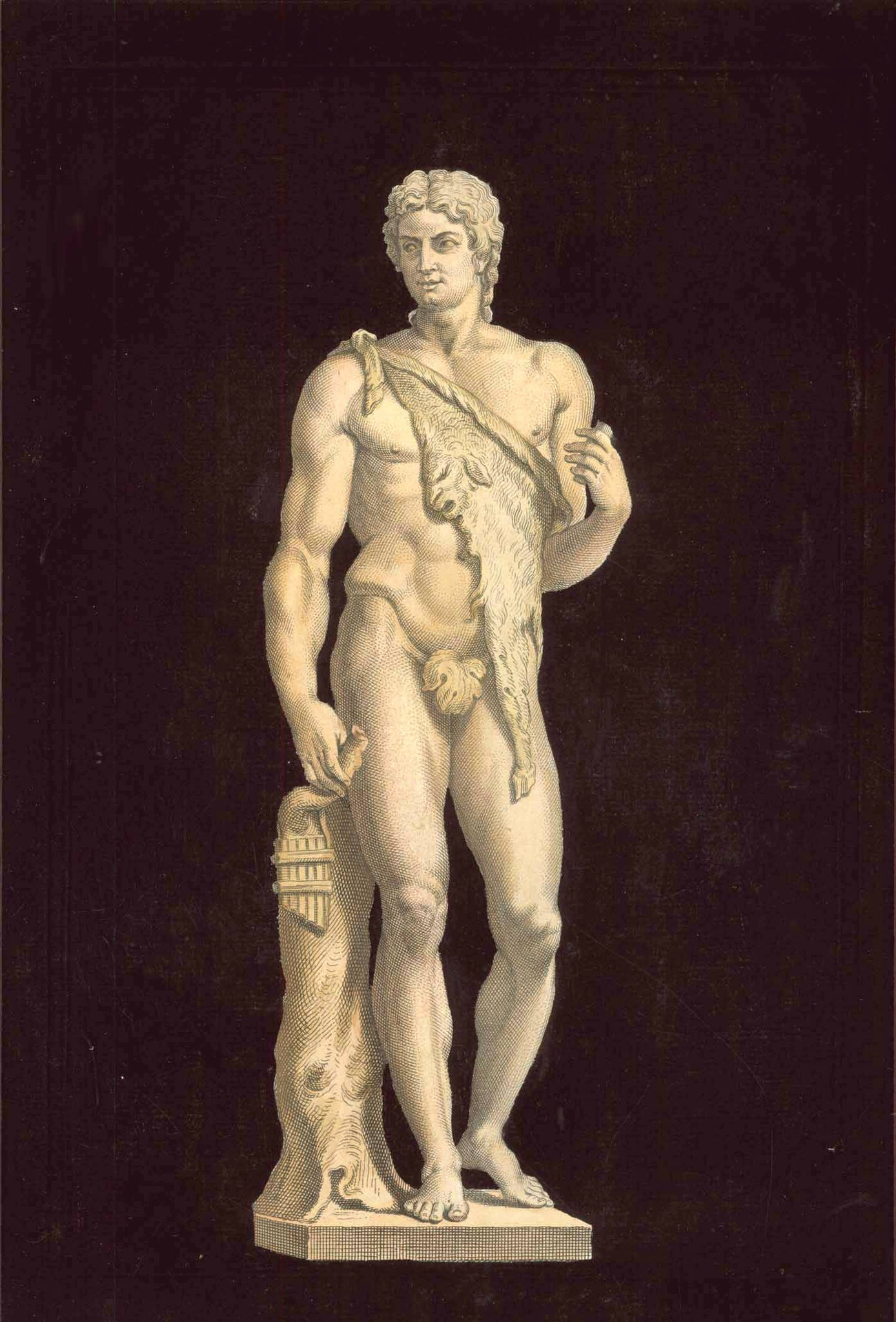 No Title.  Hercules returning from defeatng the Nemean Lion, its fur draped over his shoulder.  Statva Di Pastore Nel Palazzo Altemps  Copper engraving from: "Raccolta Di Statue Antiche e Moderne Data In Luce Sotto I Gloriosi Auspici Della Santita Di N.S: Papa Clemente XI" by Domenico de Rossi. 