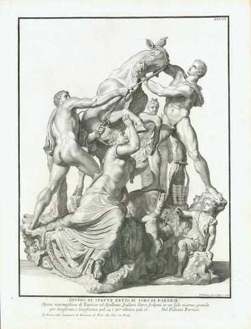 The tower of Farnese, Apollonius and his brother Tauriscus.  The story behind it: Amphion and Zethus tiing Dirce wife of Lykos, King of Thebes to the bull as punishment for Dirce's maltreatment of their mother.  Copper etching by Robert van Audenaerd (1663-1743)  Published in "Raccolta Di Statue Antiche e Moderne Data In Luce Sotto I Gloriosi Auspici Della Santita Di N.S: Papa Clemente XI" by Domenico de Rossi.  Rome, 1704