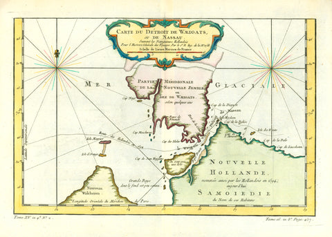 "Carte du Detroit de Waeigats, ou de Nassua ". Copper etching by M. Bellin in recent coloring. Dated 1758.  A decorative map of a remote and almost unknown area. On each side of the island of Novaya Zemlya is a windrose in the Arctic Sea. In the southwest is Cape Russkly Zavarot and the area shown as Nouvelle Hollande is the Yugorskiy Penninsula.