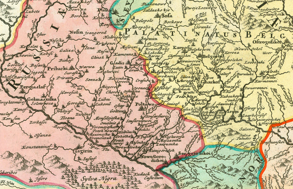 "Tabula Geographica qua Pars Russiae Magnae Pontus Euxinus seu Mare Nigrum et Tartaria Minor cum finitimis Bulgariae, Romaniae, et Natoliae Provinciis exhibetur"  Map of the Ukraine in the extensions of mid 18th century, and neighboring geographical regions of countries. Map of the Black Sea and neighboring shores. Nowadays the Ukraine has much larger extensions, especially westward.  Copper etching with very fine original hand colouring. 