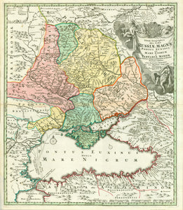 "Tabula Geographica qua Pars Russiae Magnae Pontus Euxinus seu Mare Nigrum et Tartaria Minor cum finitimis Bulgariae, Romaniae, et Natoliae Provinciis exhibetur"  Map of the Ukraine in the extensions of mid 18th century, and neighboring geographical regions of countries. Map of the Black Sea and neighboring shores. Nowadays the Ukraine has much larger extensions, especially westward.  Copper etching with very fine original hand colouring. 