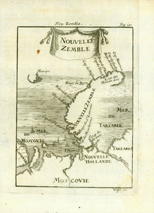 "Nouvelle Zemble"  Nova Zembla is a double island between the Barent Sea and the Kara Sea.  There are few inhabitants on the two main islands. The northern island is the fourth largest in Europe and almost 900 hundred kilometers long.  Copper engraving by Allain Mallet, 1719. Minor signs of age and use. 