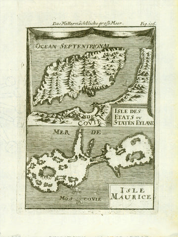 Title: Das Mitternaechtliche grosse Meer. - Isle Des Etats ou Staten Eyland. - Isle Maurice.  Copper engraving by Allain Mallet, 1719. Shows the islands to the north of Lapland and Russia.