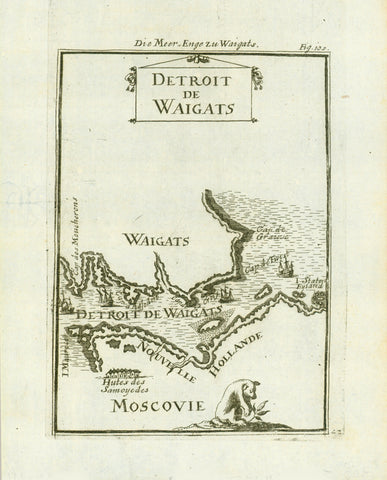 "Detraoit de Waigats"  Waigatsch is an island of the 100 Nenzen peoples who live from herds of reindeer. The island is a holy place where ritual offerings were made. Most of the island is tundra.  Very minor signs of age.  Copper engraving by Allain Mallet, 1719.