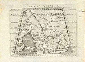 "Tabula Asiae II."  Copper etching by Girolamo Porro (1520-1604)  After Claudius Ptolemy  Published in "Geographia Universa"  Publisher Giovanni Antonio Magini (1555-1617)  Venice, 1596  Area shown: Sea of Azov, A bit of northern coast of Black Sea, the northern most part of the Caspian Sea. Part of the Ukraine, Southern part of Russia, as seen by Ptolemy.
