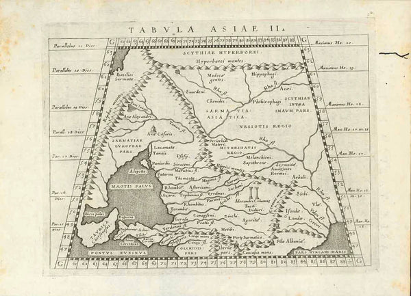 "Tabula Asiae II."  Copper etching by Girolamo Porro (1520-1604)  After Claudius Ptolemy  Published in "Geographia Universa"  Publisher Giovanni Antonio Magini (1555-1617)  Venice, 1596  Area shown: Sea of Azov, A bit of northern coast of Black Sea, the northern most part of the Caspian Sea. Part of the Ukraine, Southern part of Russia, as seen by Ptolemy.