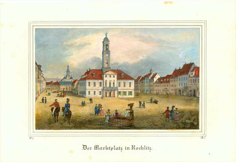 Rochlitz. - "Der Markplatz zu Rochlitz"  Hand-colored lithograph, heightened gum arabicum  Published in "Saxonia"  By Eduard Pietzsch & Co. Dresden, 1840