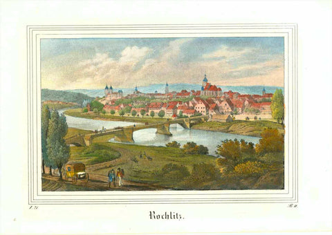 "Rochlitz"  General view.  Hand-colored lithograph, heightened gum arabicum  Published in "Saxonia"  By Eduard Pietzsch & Co. Dresden, 1840