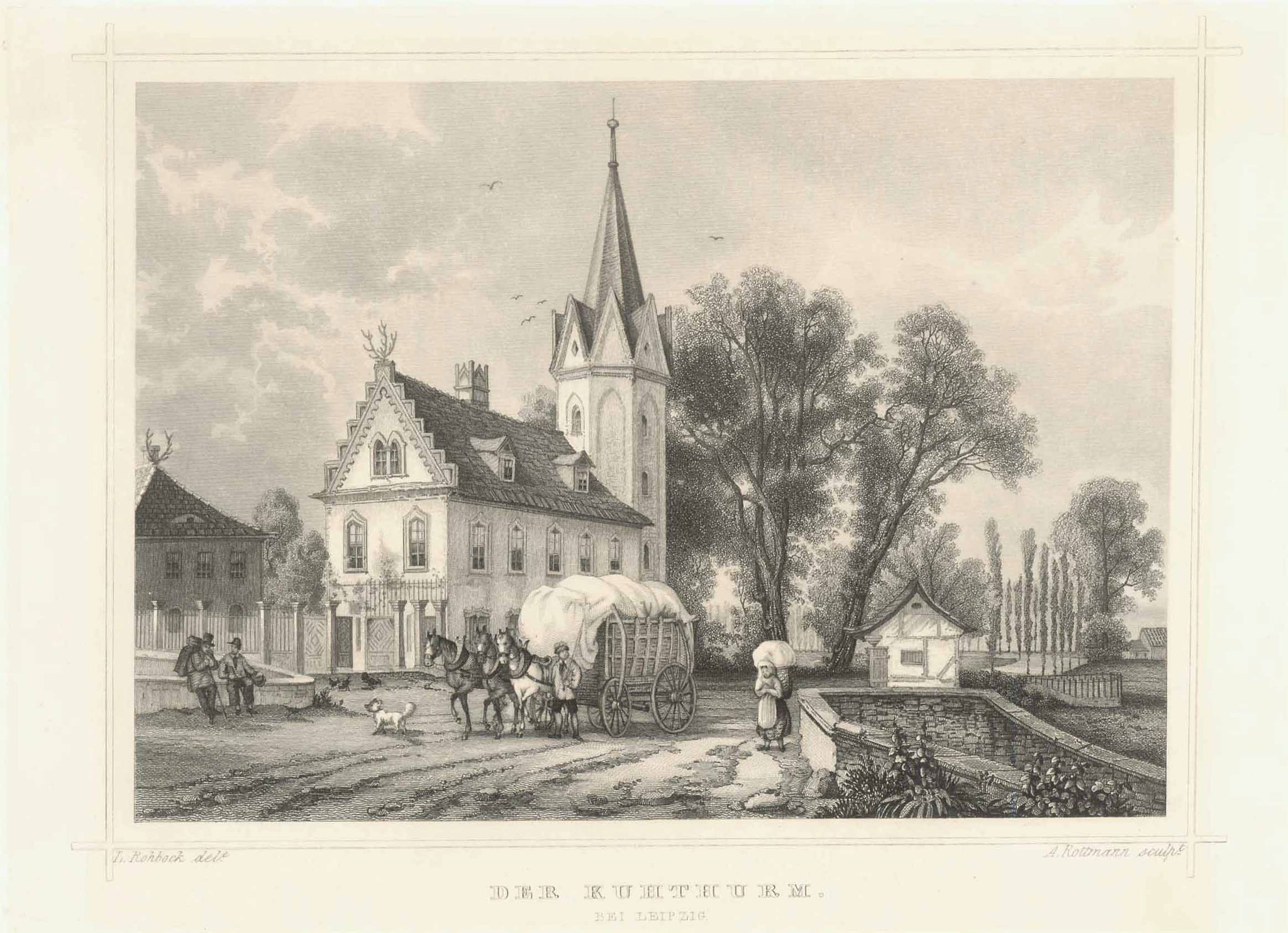 "Der Kuhthurm bei Leipzig"  Steel engraving by A. Rottmann after Rohbock, 1856  Original antique print  