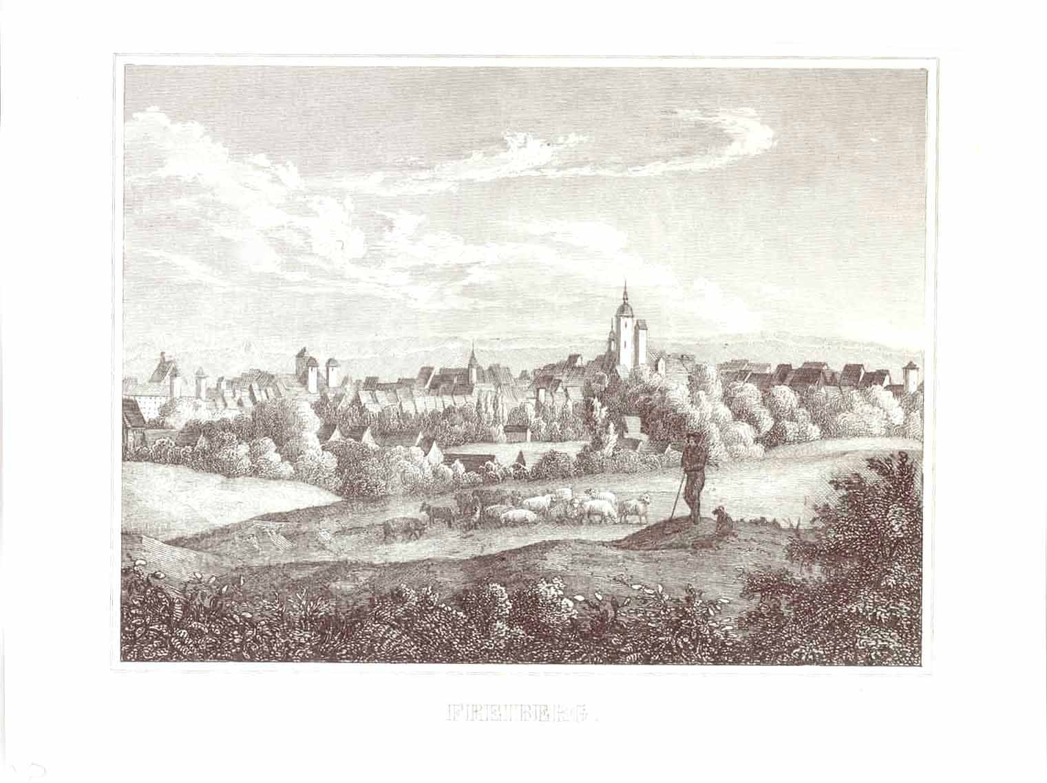 "Freiberg"  Fine, detailed etching of Freiburg ca 1840.  Original antique print  