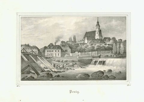 "Penig"  Lithograph from "Saxonia" published 1837.  Very good condition., Original antique print  