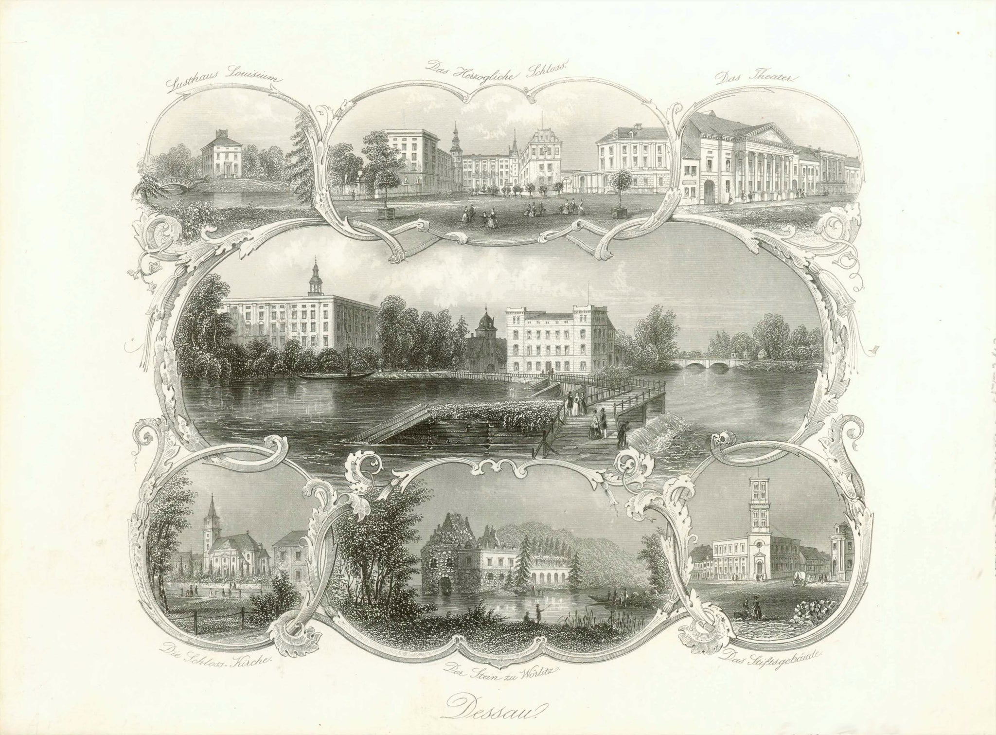 "Dessau"  Souvenir-print  Anonymous steel engravings on one decorative page.  Center: Chateau seen across the Mulde river. From upper left clockwise: Lusthaus Luiseum, Das Herzogliche Schloss, Das Theater, Das Stiftsgebaeude, Der Stein zu Woerlitz, Die Schlosskirche  Original antique print  