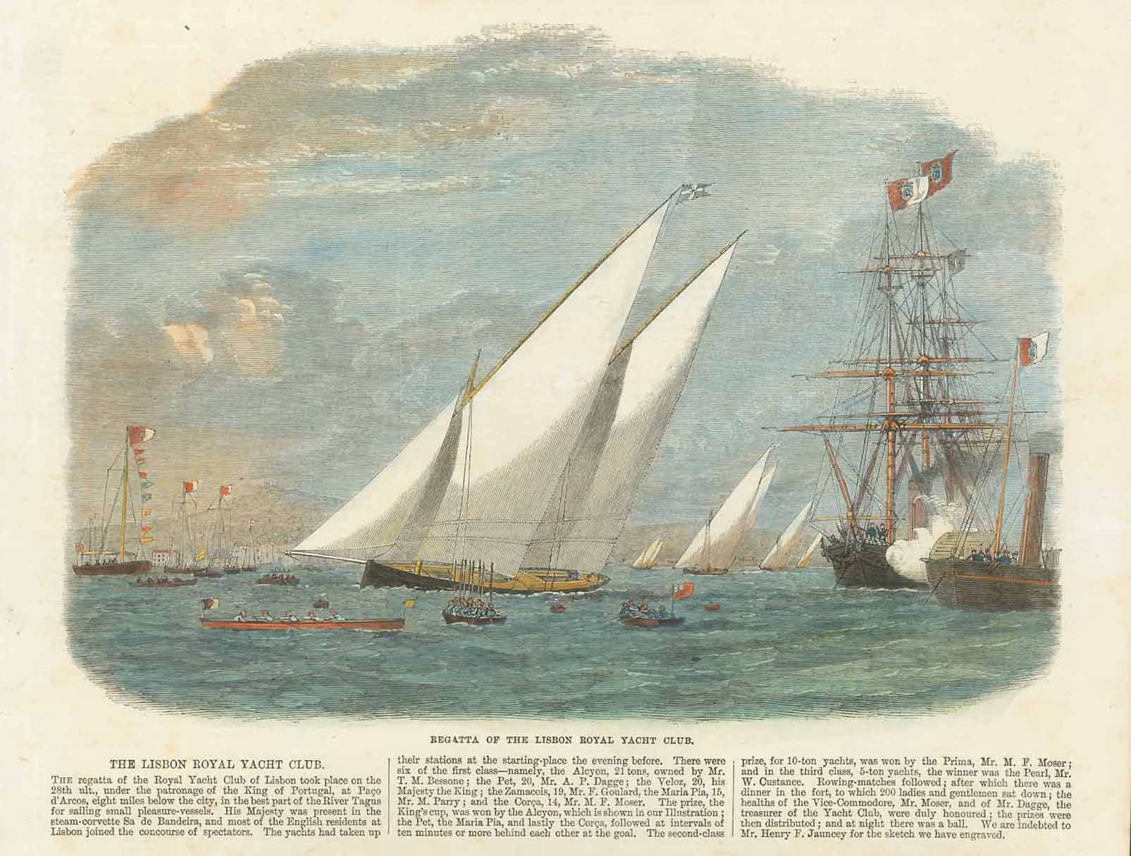 Lisbon. - "Regatta of the Lisbon Royal Yacht Club"  Beautifully hand-colored wood engraving of an elegant sailboat race in Lisbon.  Very good condition. Below the image is text about the Lisbon Royal Yacht Club.  Original antique print 