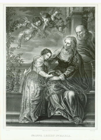 "Sta. Anna lehrt Sta. Maria"  Lithograph by W. Glaessner after the painting by Peter Paul Rubens  Published in Frankfurt on the Main, ca. 1840  Mother of St. Mary teaching her daughter Maria. Behind Anna her husband and father of St. Mary, Joachim. Above Maria's head two putti with a floral wreath crown.