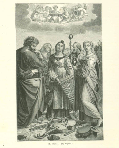 "St. Cecilia"  Wood engraving made after a painting by Raphael. Published ca 1890.  On the reverse side of the page is a description of this painting by Raphael.  Original antique print  