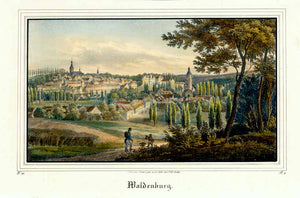 "Waldenburg" Waldenburg Kreis Zwickau in Sachsen  Schloss Waldenburg, Fürst Günther von Schönburg-Waldenburg,  General view /Gesamtansicht   Lithograph in excellent original hand coloring, heightened with gum arabica  Published in "Saxonia Museum für sächsische Vaterlandskunde" by Eduard Sommer.  Dresden, 1835-1841, kkk