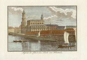 Dresden - Catholic Church.  "Ansicht der Katholischen Kirche von Neustadt"  Dresden, Sachsen, Saxony, Saechsischen Landtag, Elbe, Blasewitz, Zwinger Hand-colored copper engraving by Carl Gottfried Nestler (1730-1780) after his own drawing, Dresden ca 1770., interior design, wall decoration, ideas, idea, gift ideas, present, vintage, charming, special, decoration, home interior, living room design 