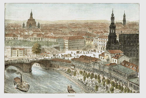 Antique print, antiker Stich, "Dresden"  Vue over the Elbe River to the Augustiner Bridge, Bruehlsche Terrace and the Hofkirche. In the background is the Frauenkirche.,  Dresden, Elbflorenz, Frauenkirche, Hofkirche, Elbe, Bruehlsche Terrasse, interior design, wall decoration, ideas, idea, gift ideas, present, vintage, charming, special, decoration, home interior, living room design 