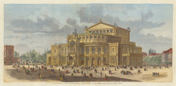 City Views, Germany, Dresden, Semperoper"Das neue Hoftheater zu Dresden nach seiner Vollendung"  Heute nach Wiederaufbau "Semperoper" genannt.  Handkolorierter Holzstich nach dem Entwurf von Gottfried Semper  Gezeichnet von Manfred Semper  Auf der Rückseite des Blattes:  "Grundriss des neuen Hoftheaters in Dresden nach Prof. Semper's Entwurf"  Sowie der dazugehörige Artikel verfasst von einem Redakteur, monogrammiert: C.L.  Publiziert 1873  Original antique print  