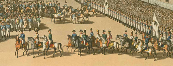 Leipzig, Germany, Victory celebration after the Battle of Leipzig (Napoleon's troops loosing against allies: Prussia, Russia, Austria, Sweden and others). Napoleon, after heavy losses, escaped westwards, and had, after this battle only little time until he had to resign.  Riding into Leipzig are the army commanders, lead by Field Marshal Karl Philipp Prince Schwarzenberg.  London, dated 1816