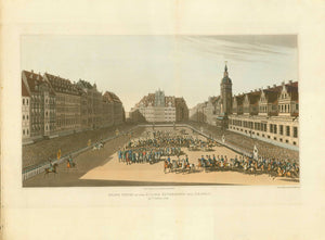 Leipzig, Germany, Victory celebration after the Battle of Leipzig (Napoleon's troops loosing against allies: Prussia, Russia, Austria, Sweden and others). Napoleon, after heavy losses, escaped westwards, and had, after this battle only little time until he had to resign.  Riding into Leipzig are the army commanders, lead by Field Marshal Karl Philipp Prince Schwarzenberg.  London, dated 1816