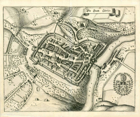 "Die Statt Goerlitz"  Copper engraving by M. Merian, 1650. Bird's eye view of Goerlitz with coat of arms in lower right.  Strong impression.
