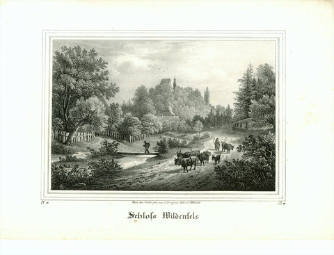 "Schloss Wildenfels"  Decorative lithograph from "Saxonia". Published 1839.  By Carl Wilhem Arldt after Anton Arrigoni