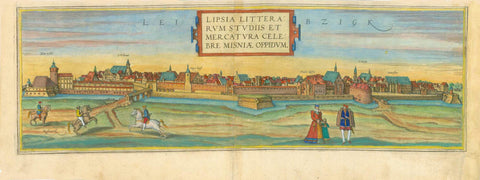 Leipzig. - "Leibzick - Lipsia Litterarum Studiis et Mercatura Celebre Misniae Oppidum"  General view of this important Saxonian city.  Hand-colored copper etching.  Published in "Civitates Orbis Terrarum"  By author and publisher Georg Braun (1541-1622)  and engraver and publisher Frans Hogenberg (1535-1590)  Cologne, 1572. interior design, wall decoration, ideas, idea, gift ideas, present, vintage, charming, special, decoration, home interior, living room design