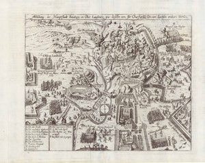 Antiker Stich, Antique map, Bautzen  "Abbildung der Hauptstadt Bautzen in Ober Laußnitz wie dieselbe von Ihr Churfürstl. Gn von Sachsen erobert worden"  Die Belagerung der Stadt Bautzen vom 30. August 1620 bis 25. September 1620 durch Churfürst Johann Georg von Sachsen. (The siege of Bautzen from the 30 August 1620 to 25 September 1620 by Churfurst Johann Georg von Sachsen)  Bautzen, Sachsen, Saxony, Lausnitz, Gaspar Ens, Merian, Ortenburg, Spree