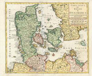 "Carta Nuova del Regno di Danimarca........". Copper etching by Issac Tirion (1705-1765). Published ca 1750.  Pleasant hand coloring.  Map shows Denmark and surrounding area with fine detail of cities, towns, rivers, lakes and islands, even the fishing grounds are shown.  Original antique print , interior design, wall decoration, ideas, idea, gift ideas, present, vintage, charming, special, decoration, home interior, living room design