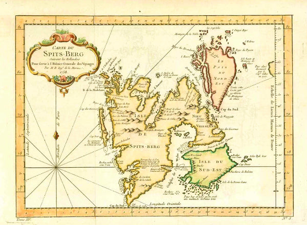 "Carte Du Spits-Berg Suivant les Hollandois."  Copper engraving by Bellin dated 1758. Pleasant hand coloring.  Map shows the island of Spitzbergen north of Norway.  Original antique print  , interior design, wall decoration, ideas, idea, gift ideas, present, vintage, charming, special, decoration, home interior, living room design